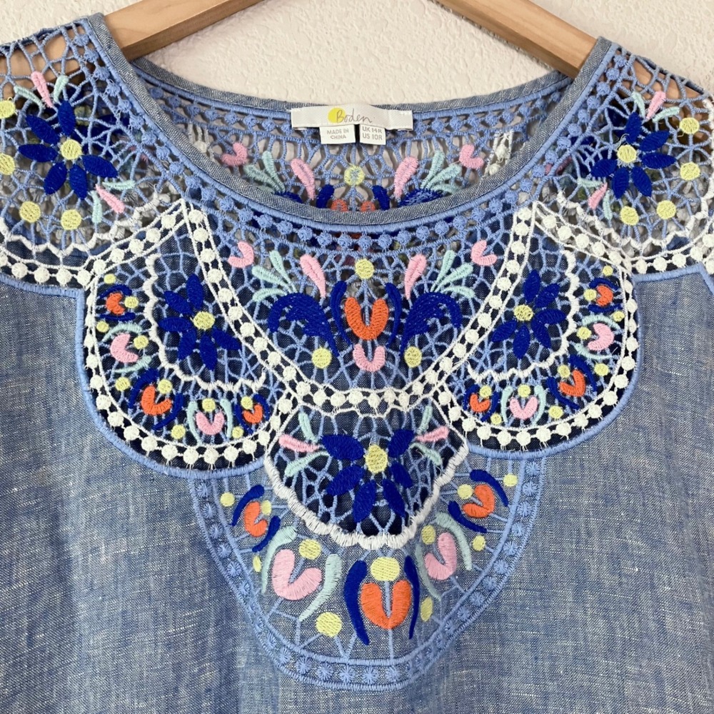 BODEN Linen Dress 10R Embroidered Crochet Lace Boho Shift Blue Summer Floral - Picture 4 of 10